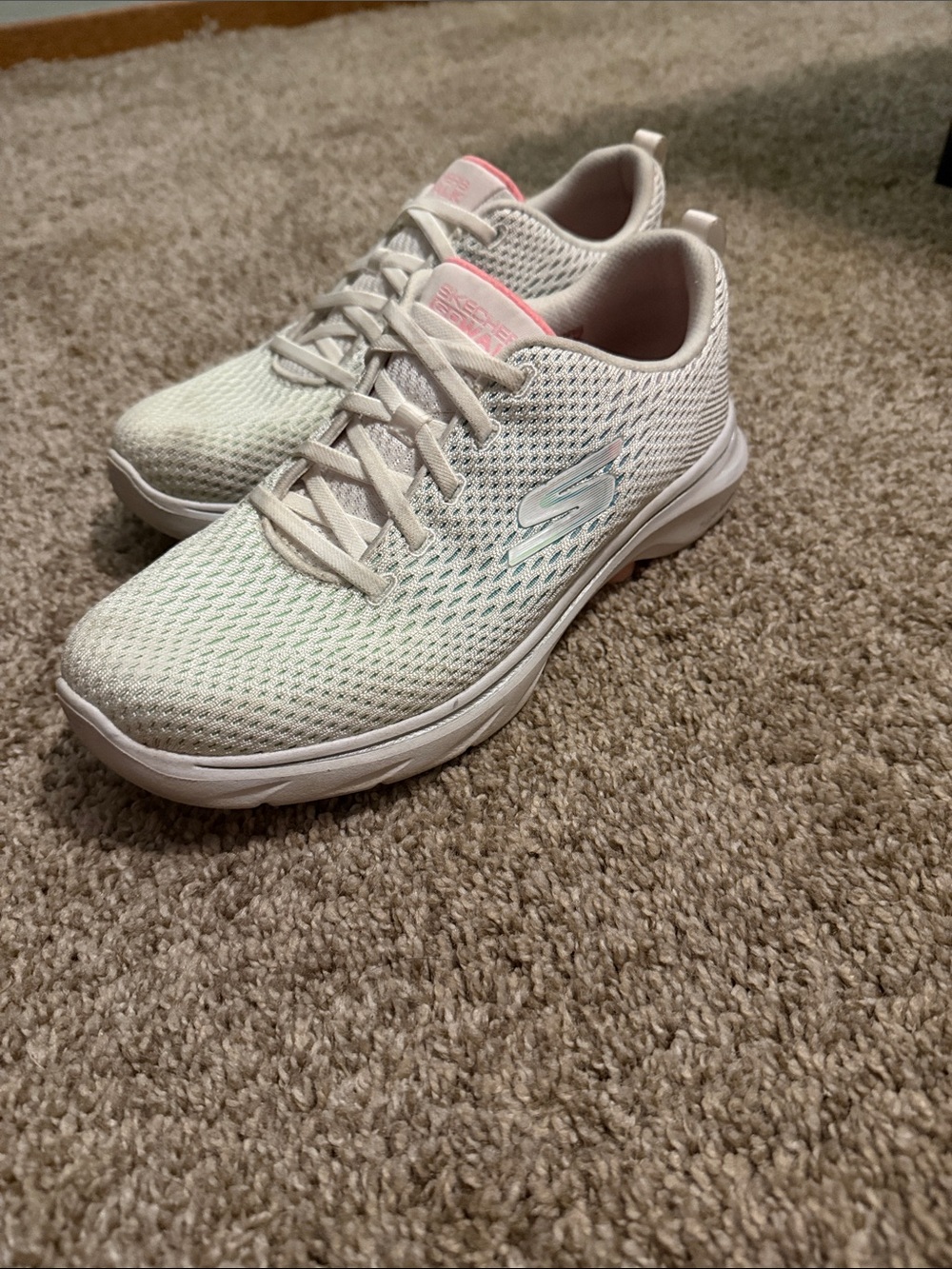 Skechers Women's White Mesh Athletic Sneakers with Pink Tongue Accent air cooled